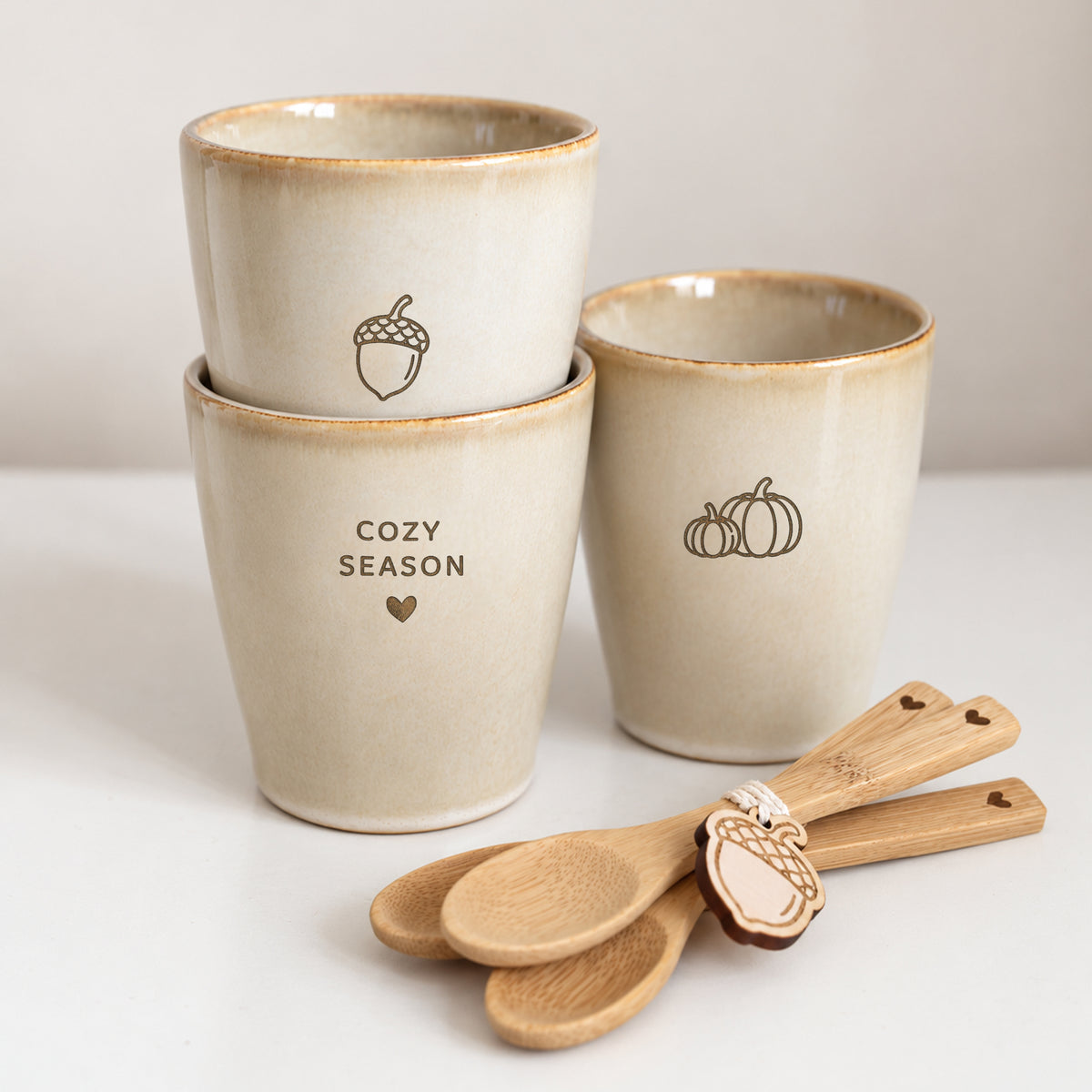 Cozy Season cadeauset - 3 mokken + bamboe lepeltjes