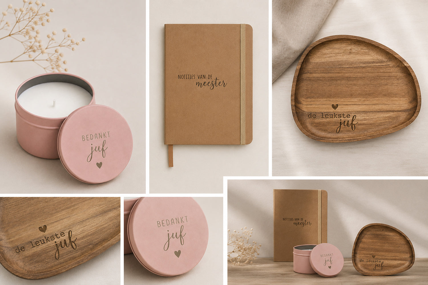 Gepersonaliseerde bedankjes voor juf en meester met gegraveerd notitieboekje, houten plankje en geurkaars.